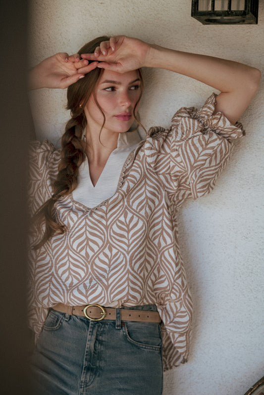 Standing Collared Neck Boho Leaf Print Top