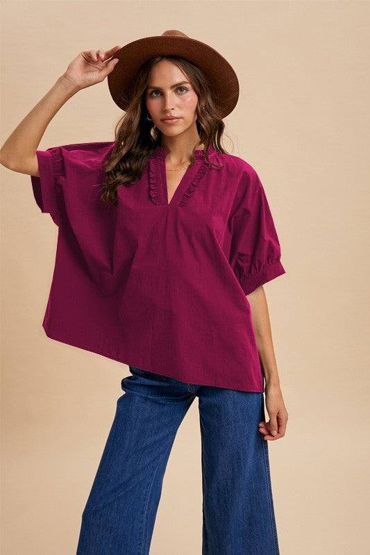 Ruffle Detail V Neck Oversized Blouse