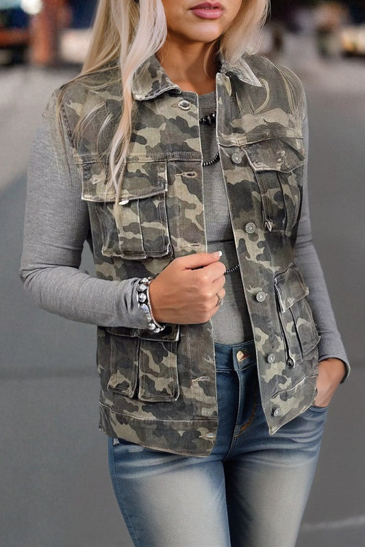 Button Cargo Pocket Button Down Denim Vest