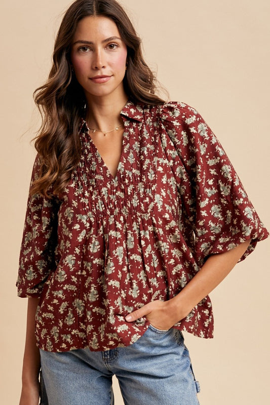 Floral Smocking Balloon Sleeve Blouse