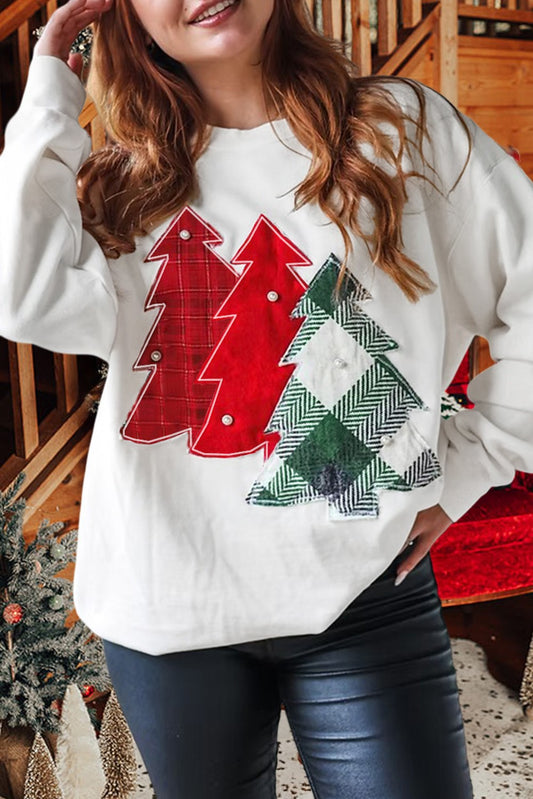 Pearl Plaid Christmas Tree Patched Sweatshirt