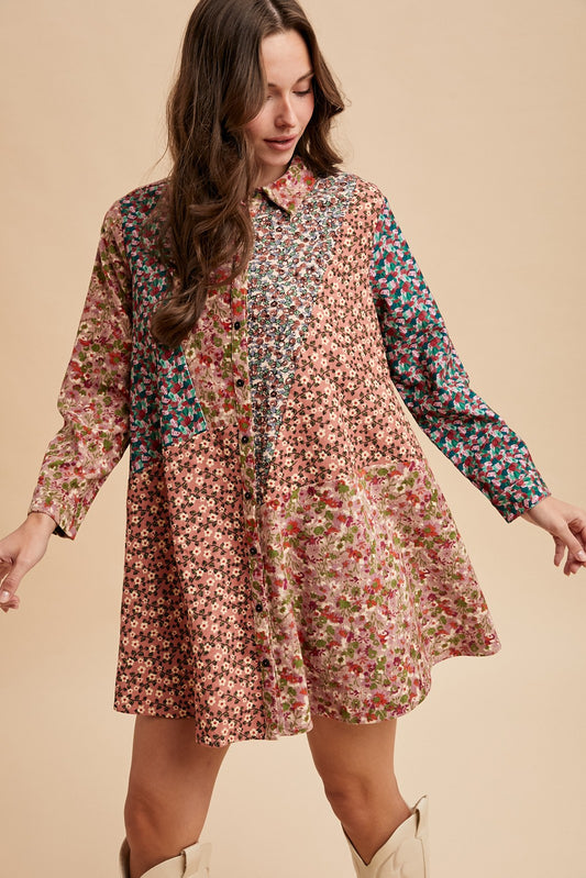 Corduroy Floral Patchwork Panel Mini Shirt Dress