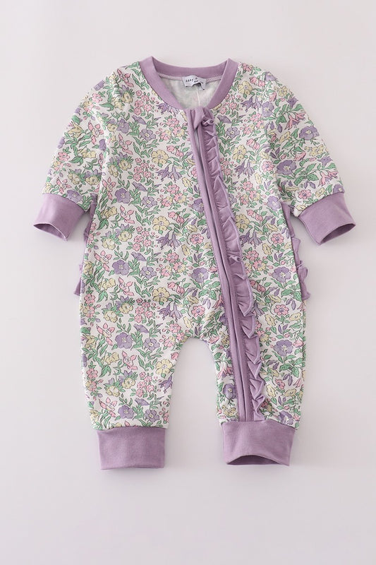 Purple Floral Print Ruffle Romper