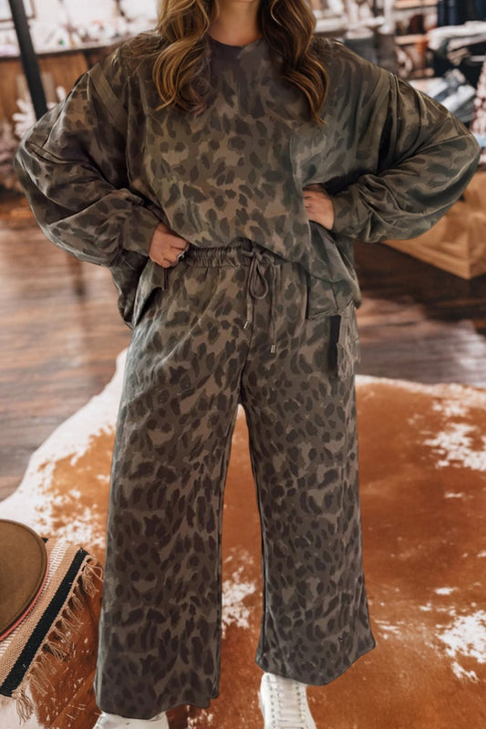 Leopard Print Raw Seam Patchwork Pullover Pant Set