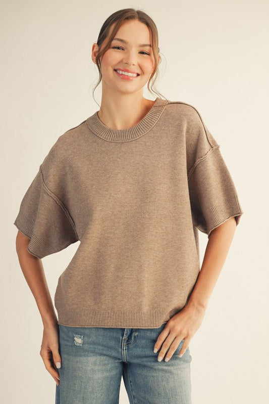 Mocha Raw Edge Accent Comfy Sweater Top