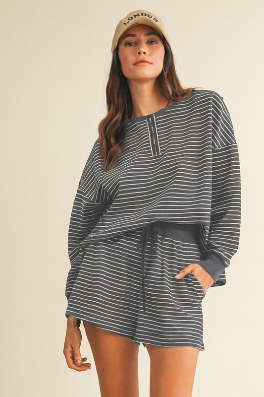 Soft Brushed Pin Stripe Knit Pullover & Shorts