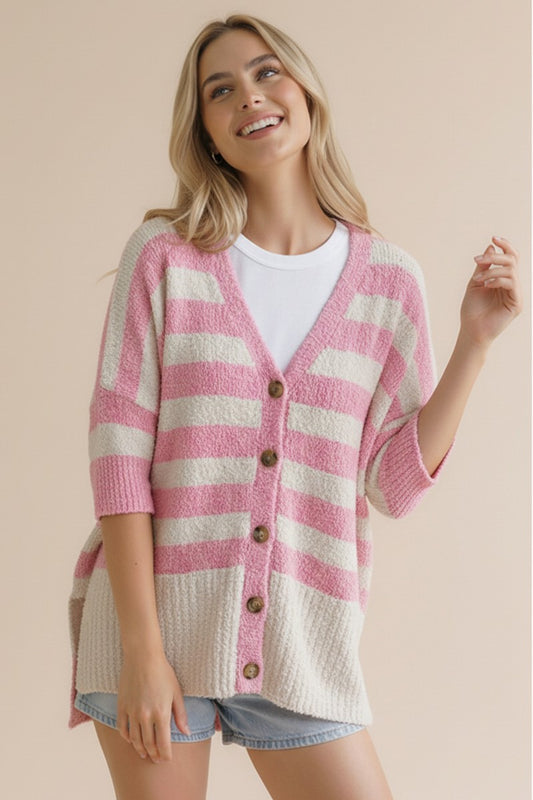 Stripe Popcorn Button Down Oversized Cardigan