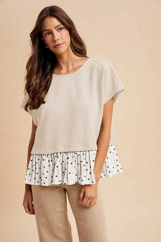 Mixed Media Polka Dot Ruffle Hem Knit Top
