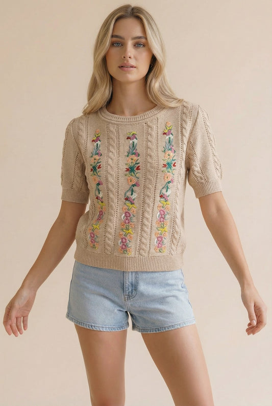 Cable Embroidery Floral Sweater Top