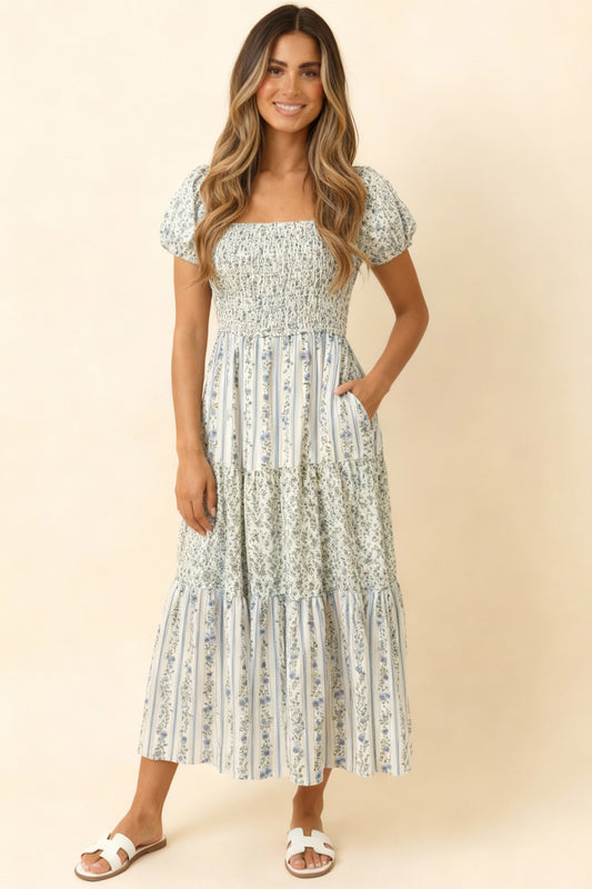 Blue Floral Square Neck Midi