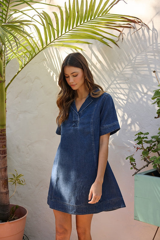 Lyocell Denim Short Sleeve Mini Shirt Dress