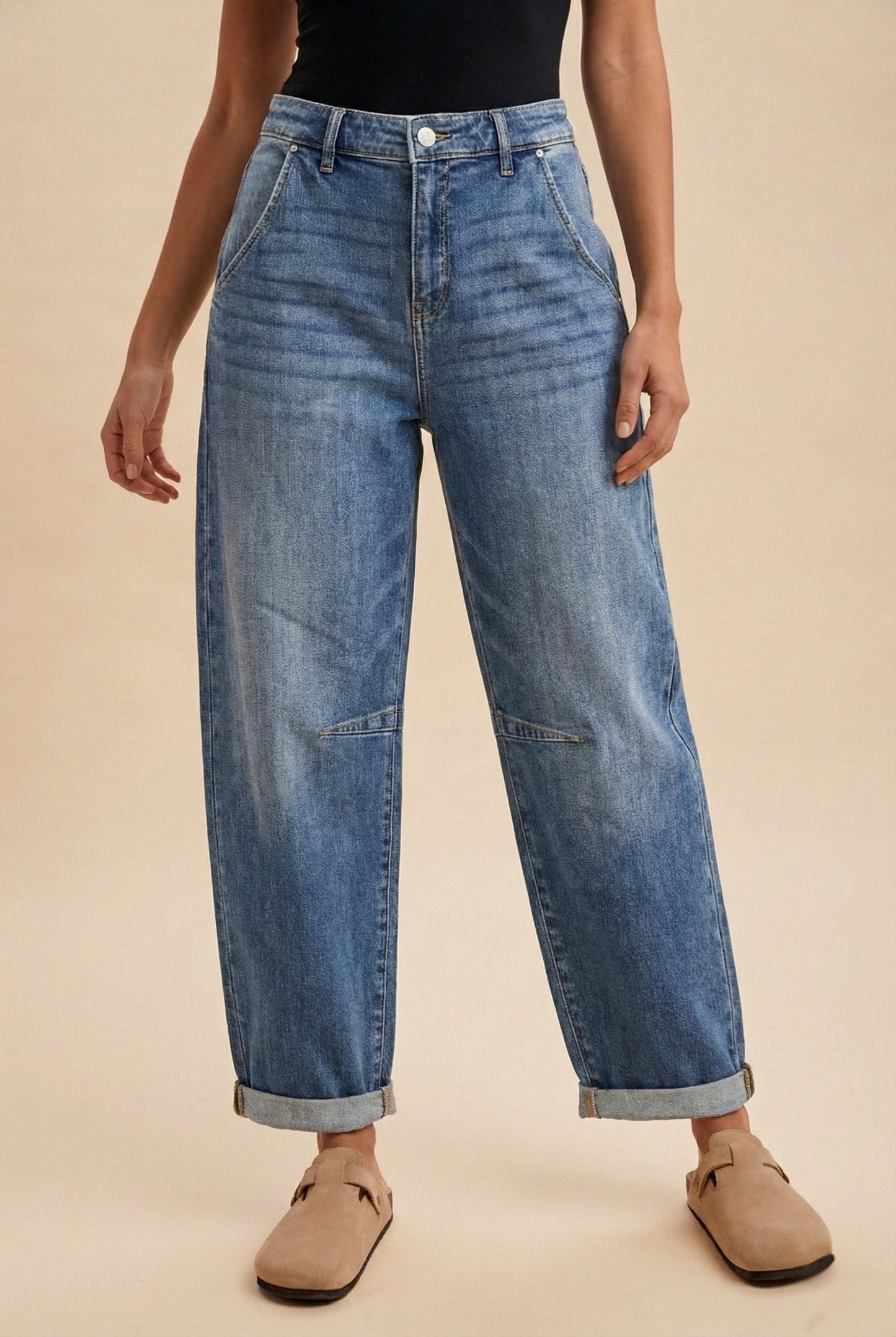 Stretch Denim Loose Fit Roll Up Barrel-leg Jean