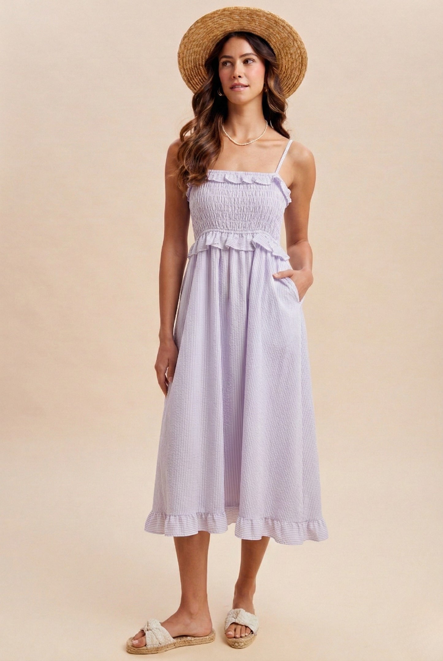 Striped Smocked Midi Dress With Ruffle Detail