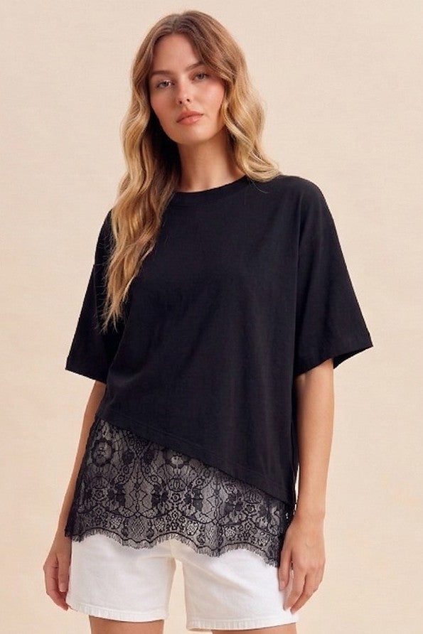 Floral Lace Trimmed Asymmetrical T-shirt