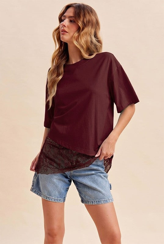 Floral Lace Trimmed Asymmetrical T-shirt