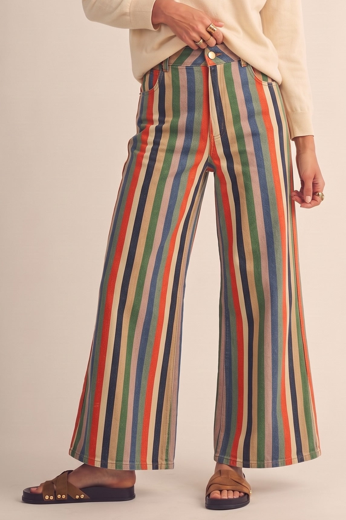 Stretch Mid Rise Scallop Poket Wide Leg Pants