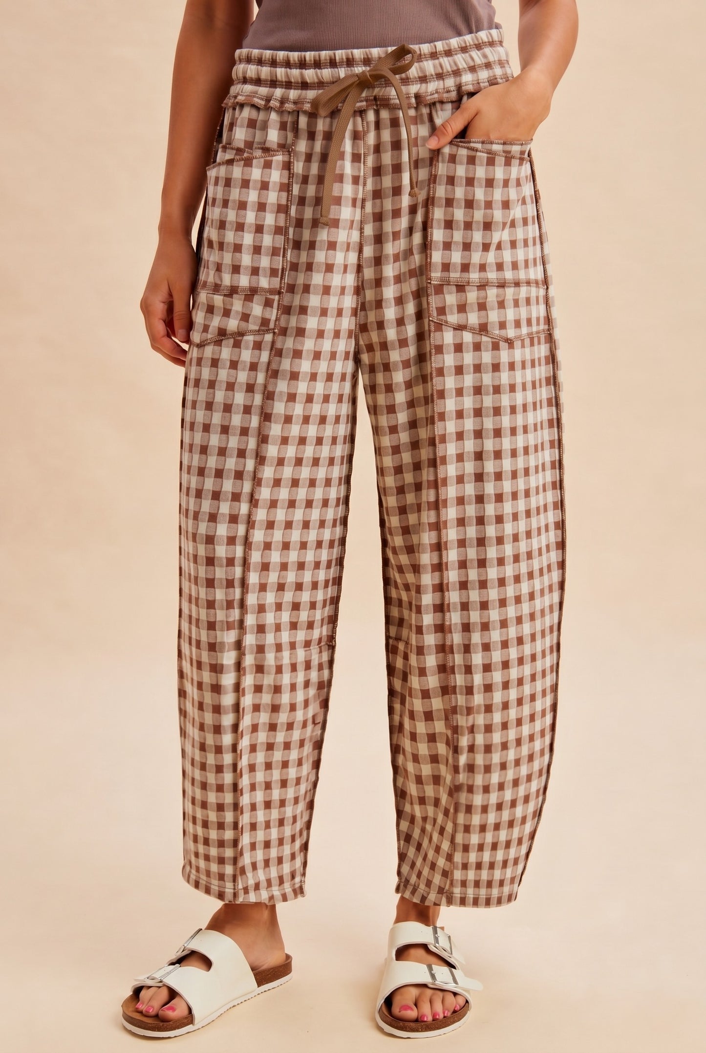 Soft Brushed Check Barrel Fit Utility Knit Pants