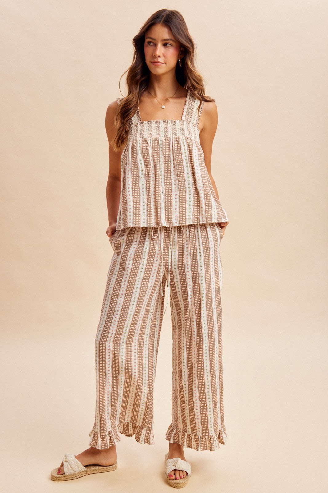 Geometric Floral Stripe Babydoll Top & Ruffle Pants Set