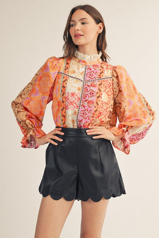 Eyelet Ruffled Neckline Baroque Floral Top