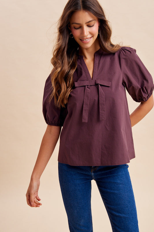 Puff Sleeve Bow Detail Woven Blouse