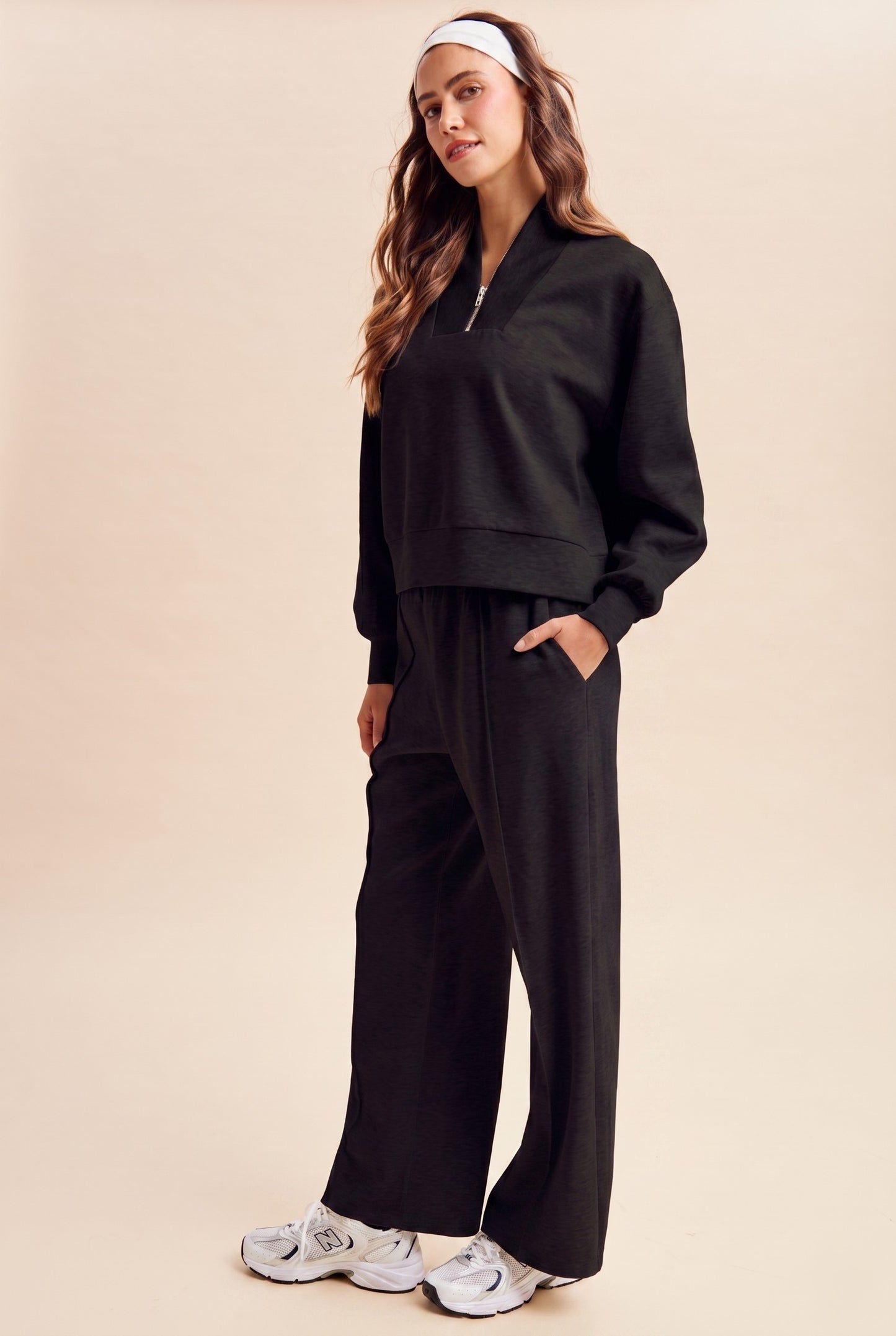 Soft Scuba Knit Half Zip Up Pullover Top & Pants Set