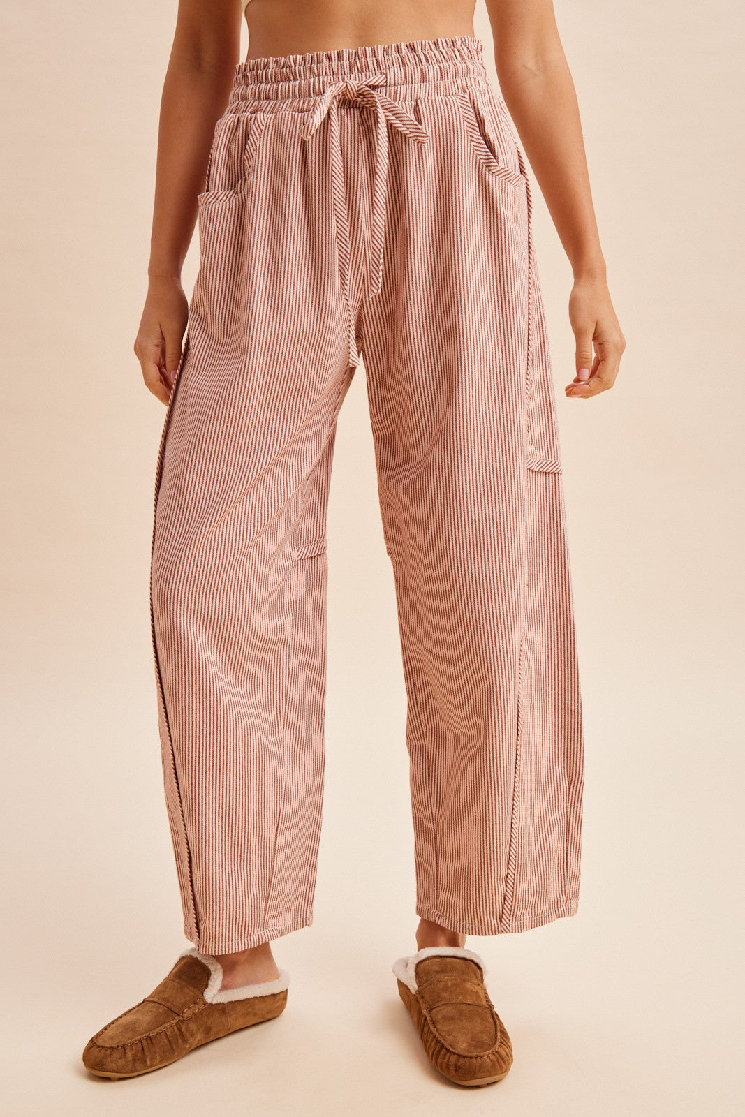 Striped Cotton Twill Linen Blended Relaxed Barrel Pants