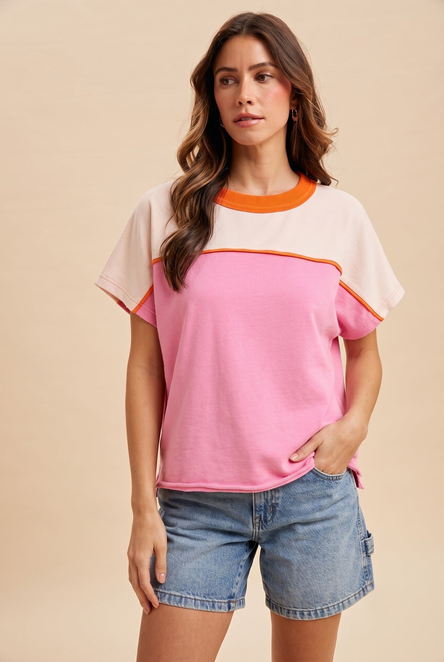Mineral Washed Color Block Piping Detail Pullover