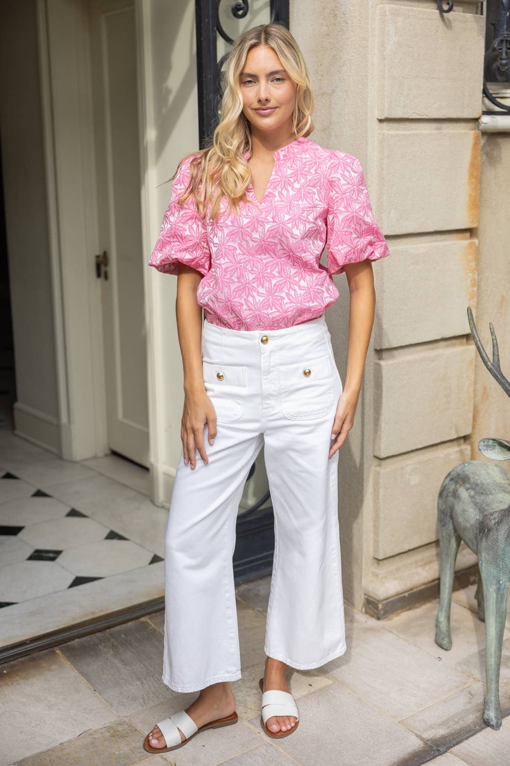 Short Bubble Sleeve Floral Jacquard Top