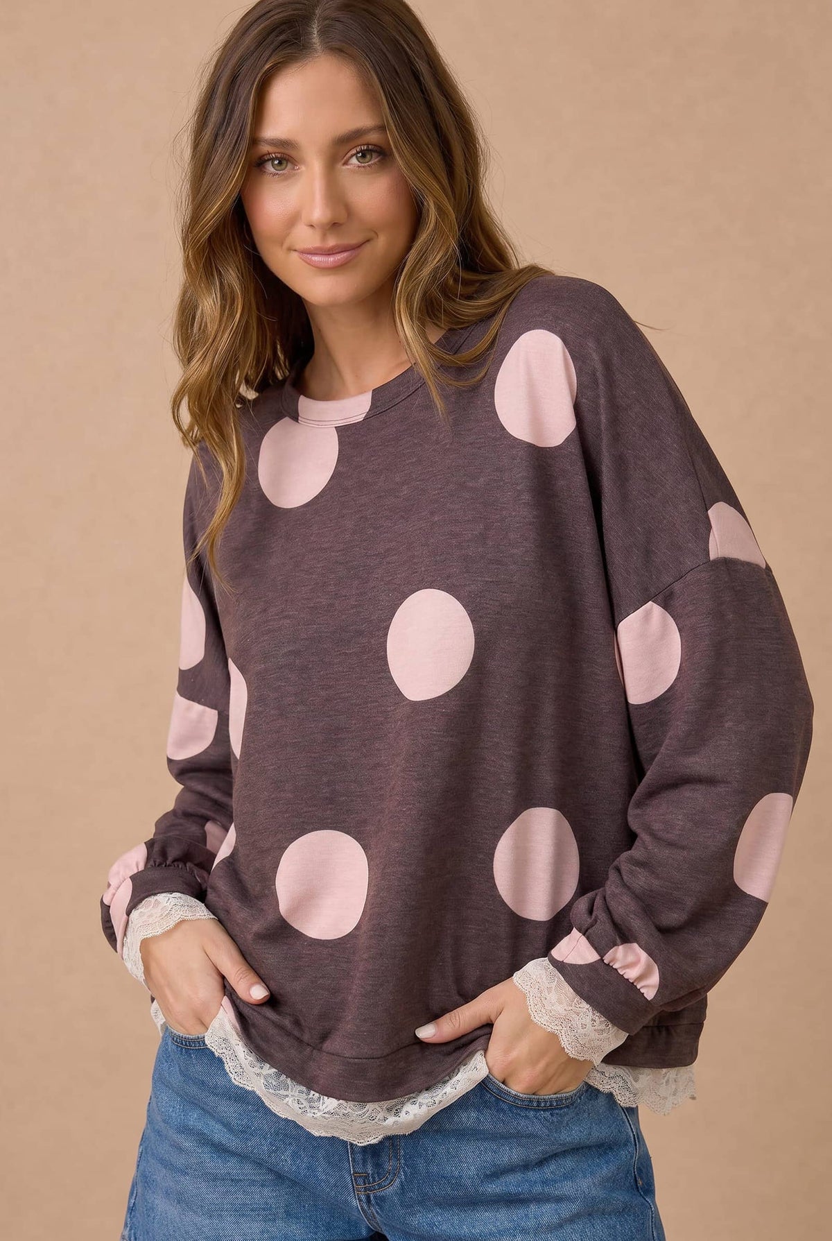 Dot Print Scallop Lace Hem Pullover Top