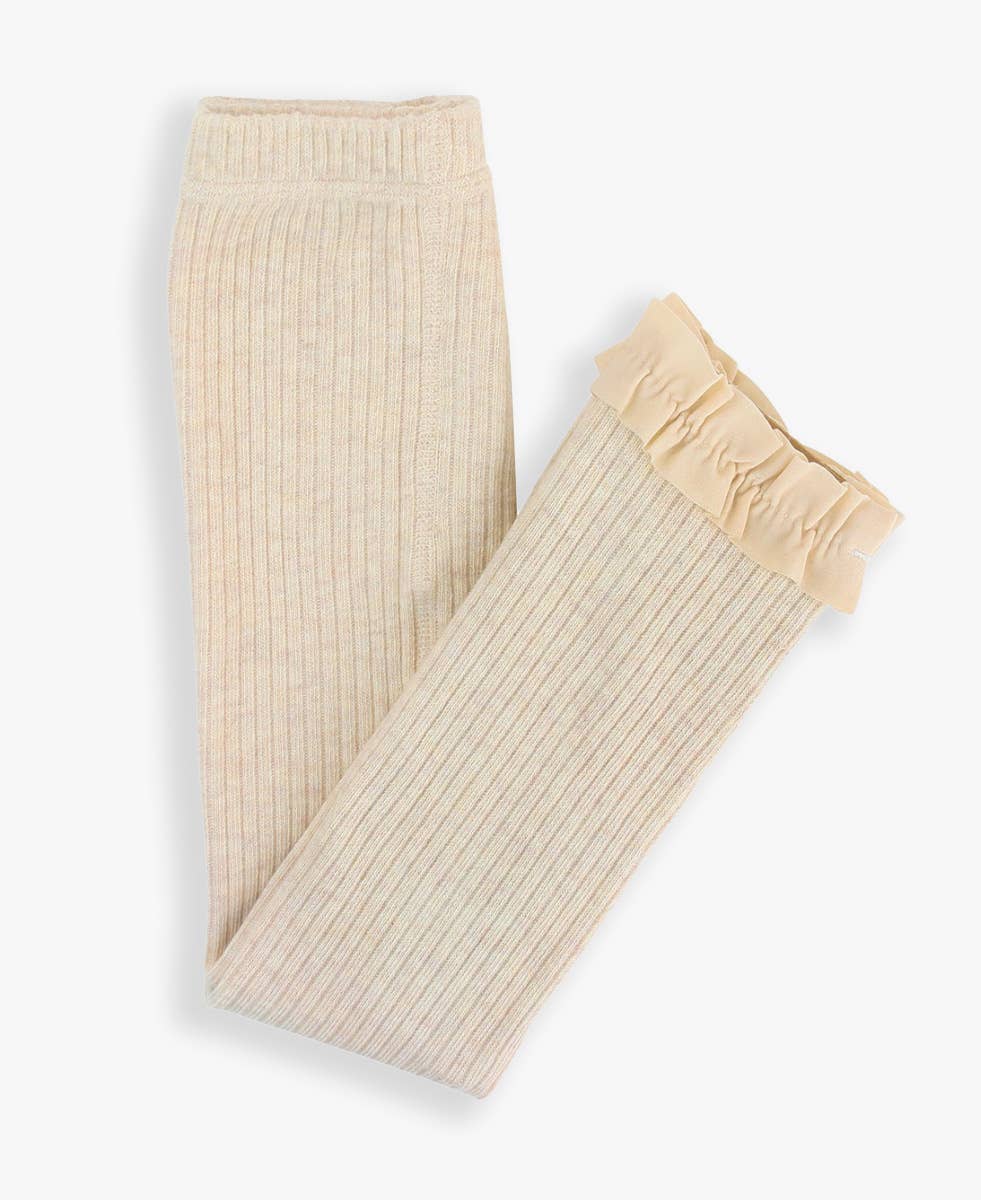 Girls Heather Oatmeal Rib Knit Footless Ruffled Tights