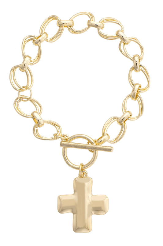 Elise Hammered Cross Toggle Bracelet in Shiny Gold