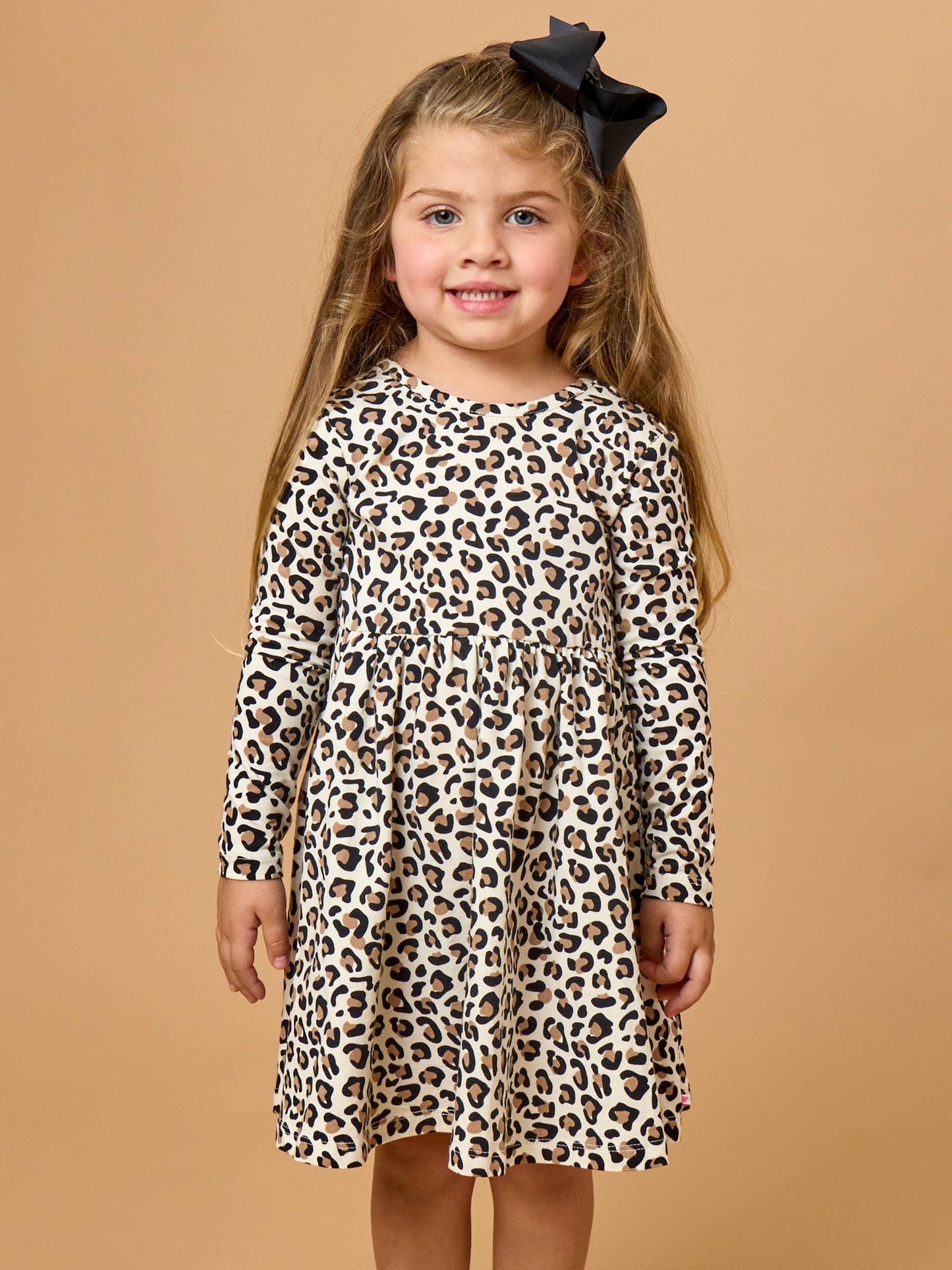Girls Classic Leopard Knit Long Sleeve Twirl Dress