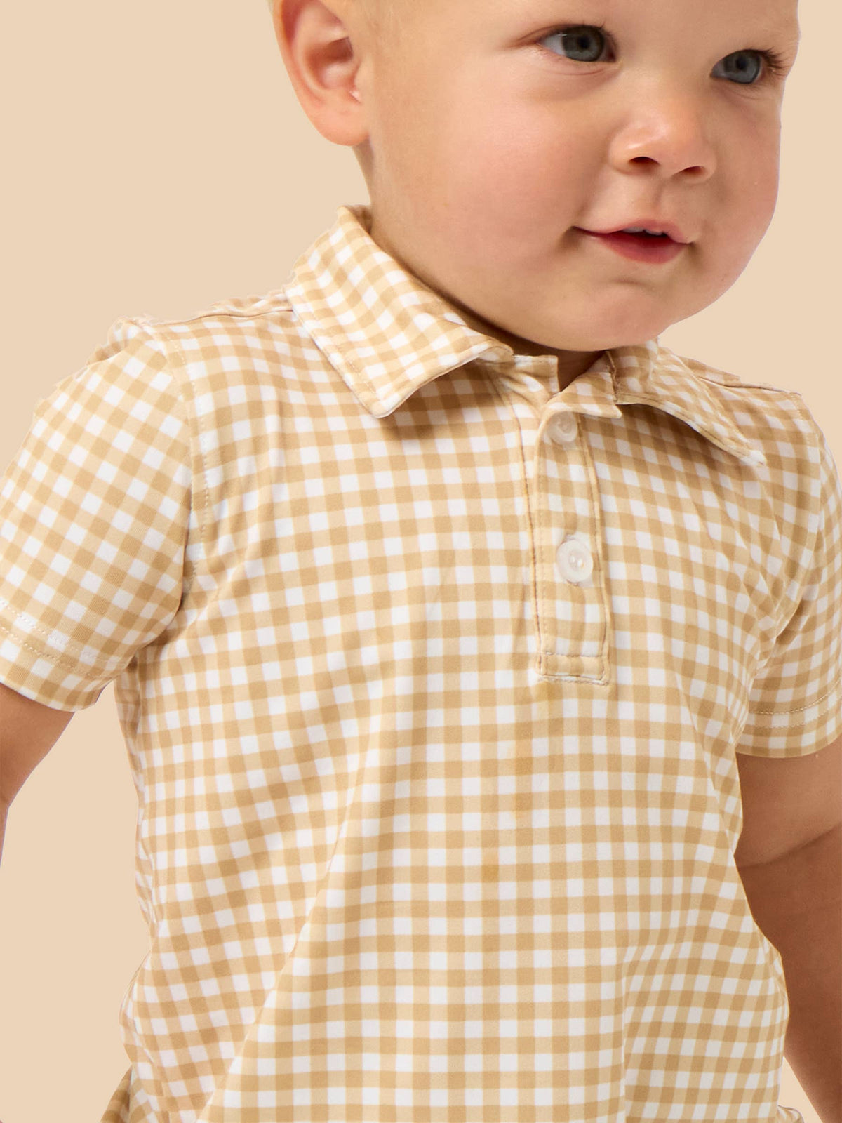 Boys Khaki Mini Gingham Knit Short Sleeve Performance Polo