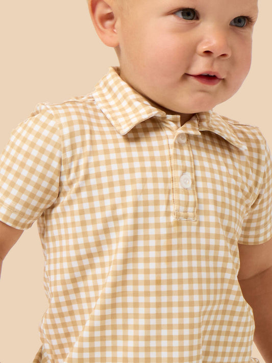 Boys Khaki Mini Gingham Knit Short Sleeve Performance Polo