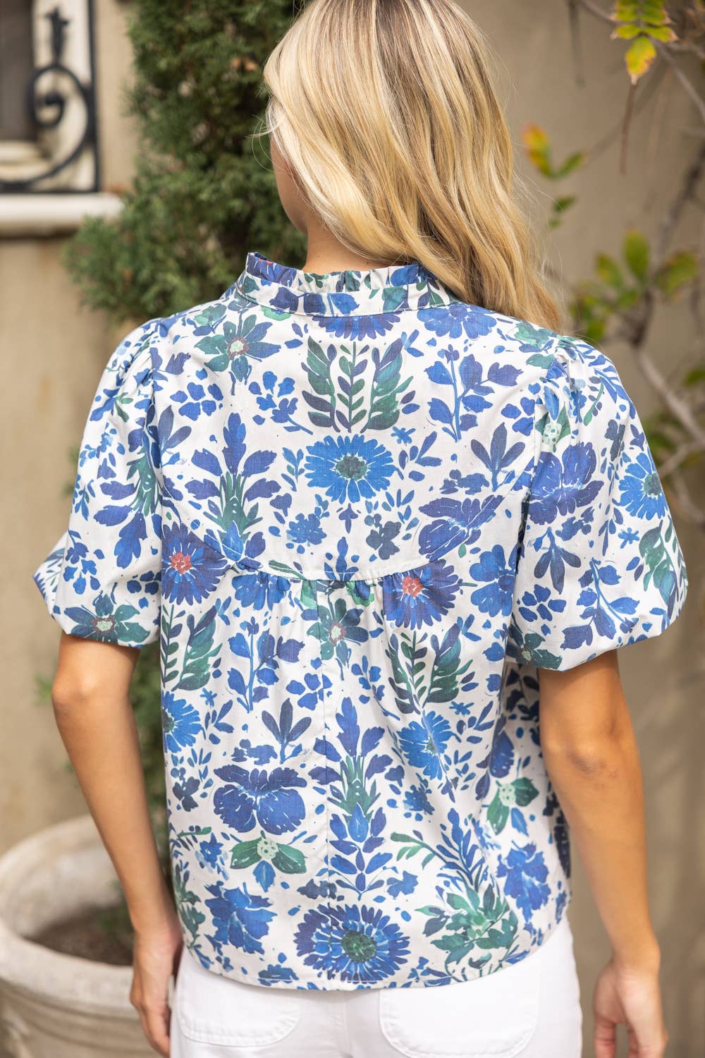 Quarter Button Round Yoke V-Neck Floral Print Top