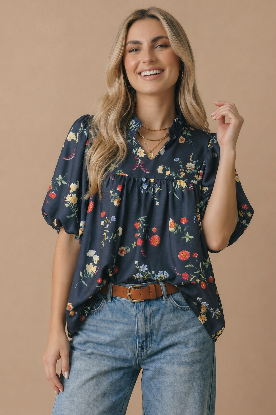 Notch Neck Floral Empire Waist Woven Top