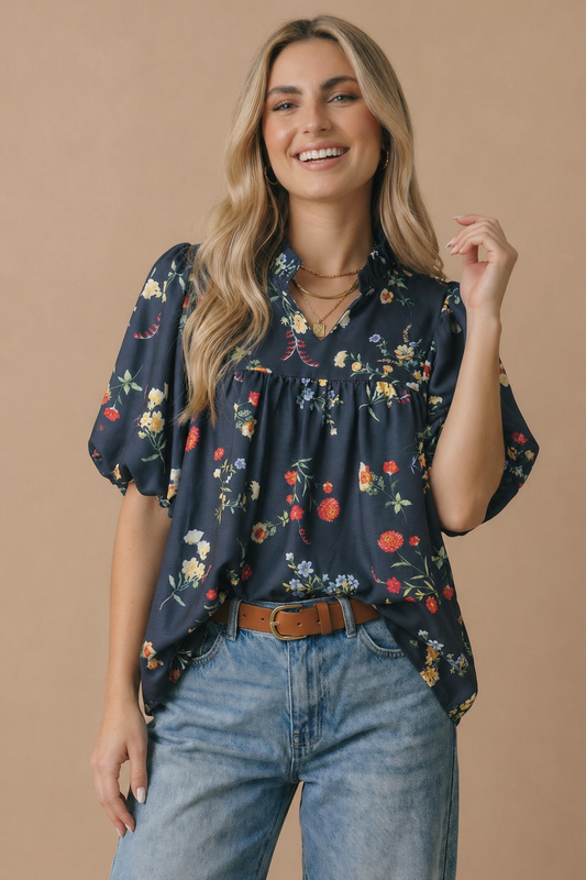 Notch Neck Floral Empire Waist Woven Top