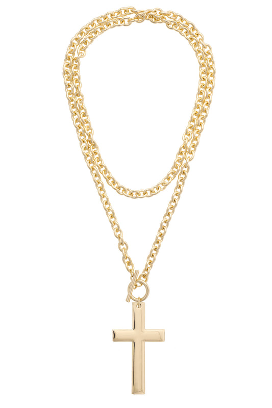 Charlotte Cross Toggle Front Necklace in Shiny Gold