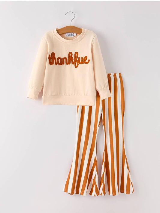 Fall Thanksgiving "thankful" Chenille Patches Stripe Girls Long Sleeve Set