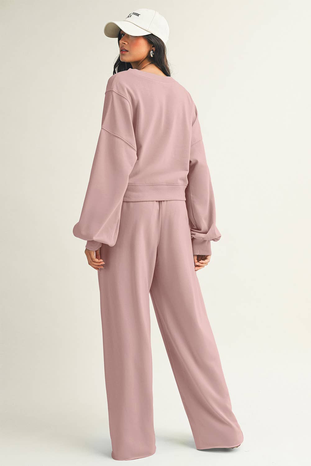 Drop Shoulder Pullover Drawstring Wide Leg Pants Set