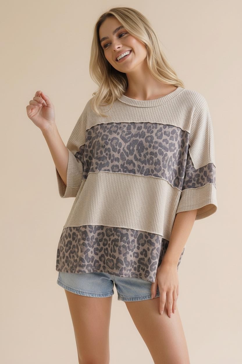Rib Leopard Print Loose Fit Color Block Knit Top