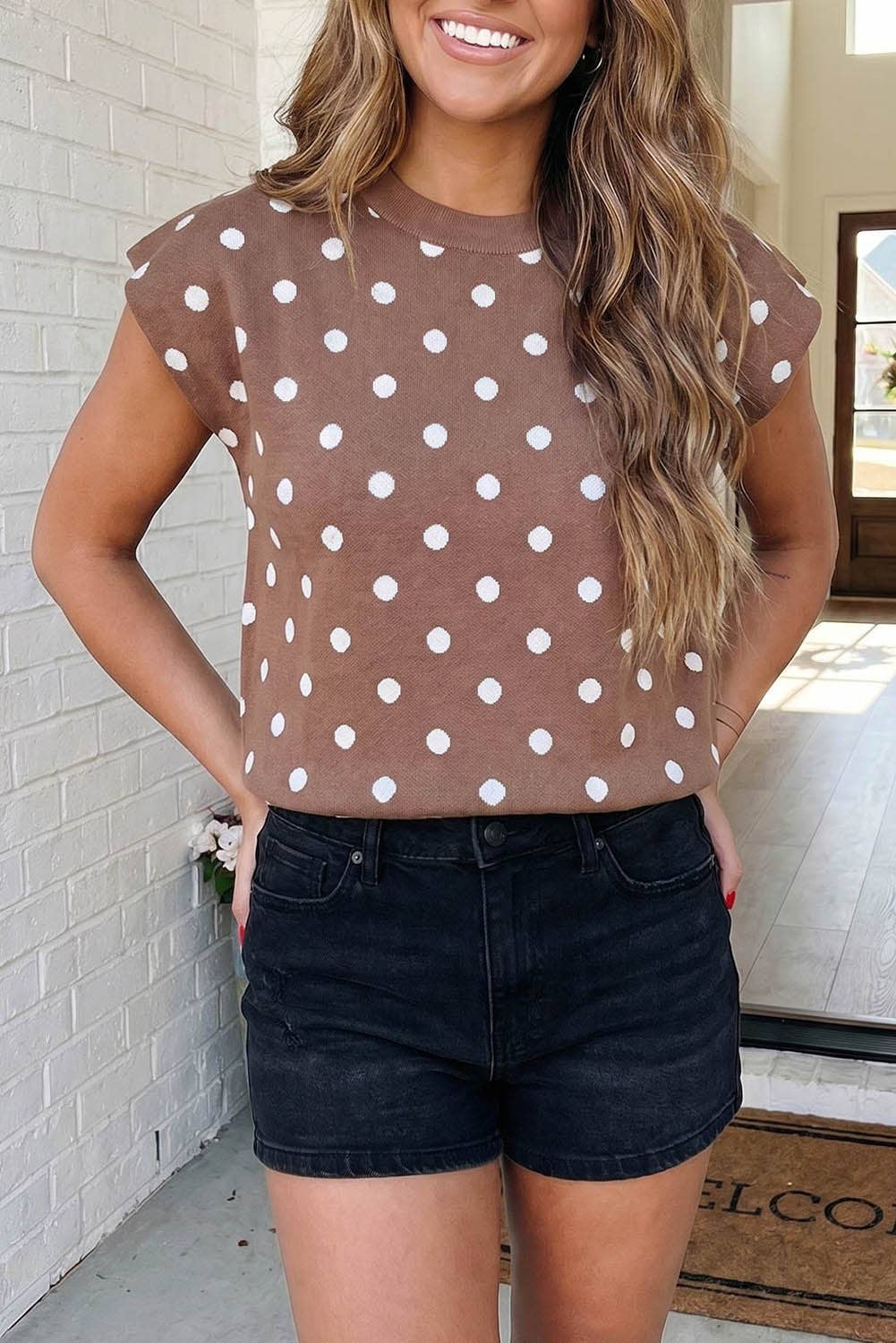 Polka Dot Cap Sleeve Knit Sweater Top