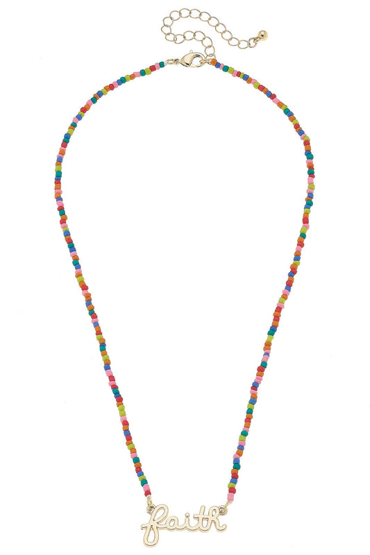 "Faith" Rainbow Beaded Script Necklace in Shiny Gold