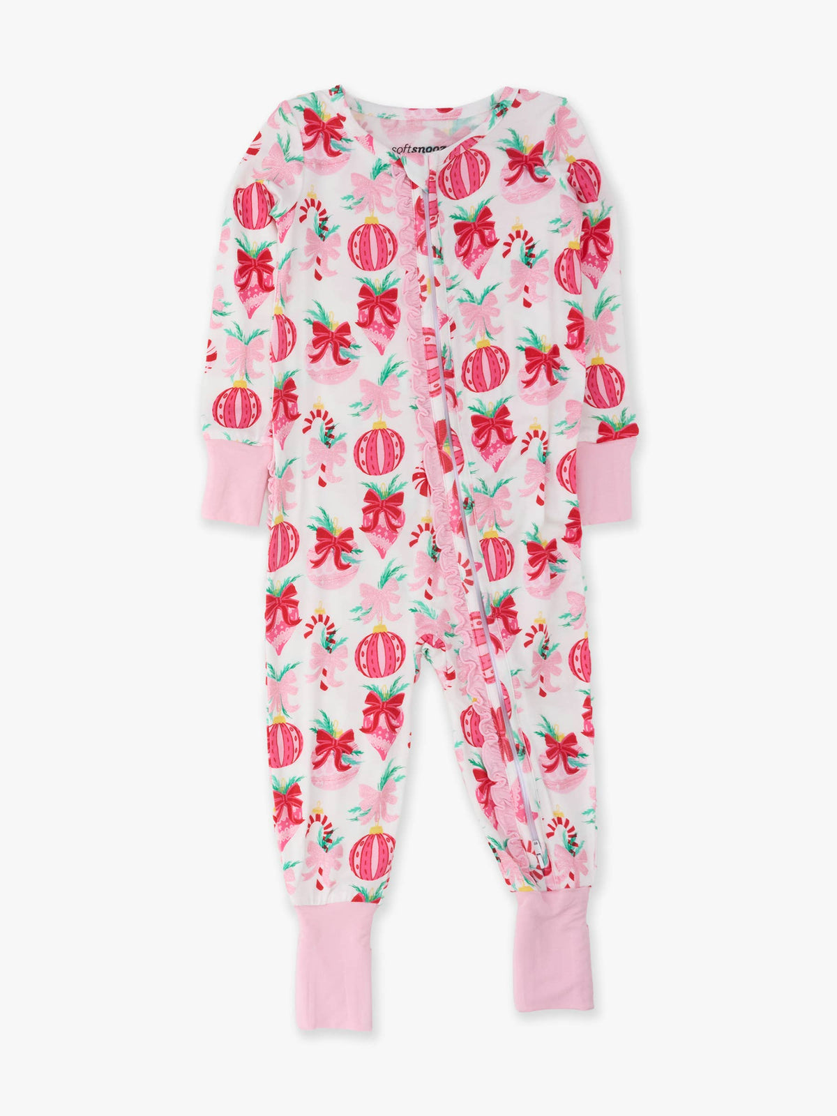 SoftSnooze™ Baby Girls Bamboo Viscose Holly Christmas Ornament Bows Convertible Ruffle One Piece Footie Pajama