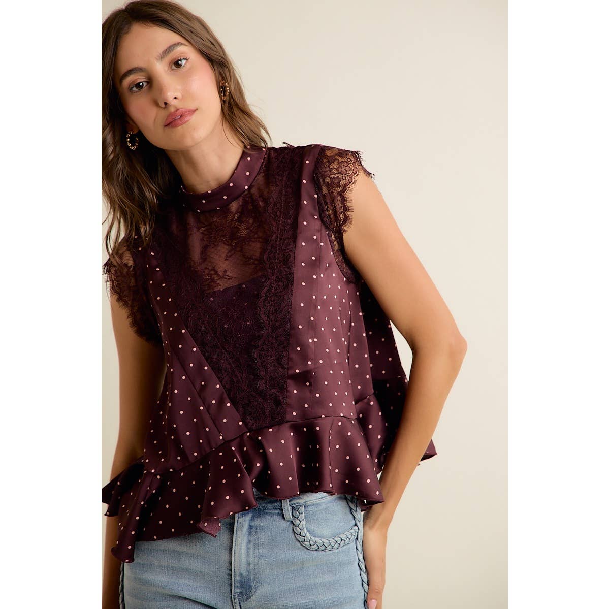 POLKA DOT SATIN LACE TRIM RUFFLED HIGH NECK BLOUSE TOP