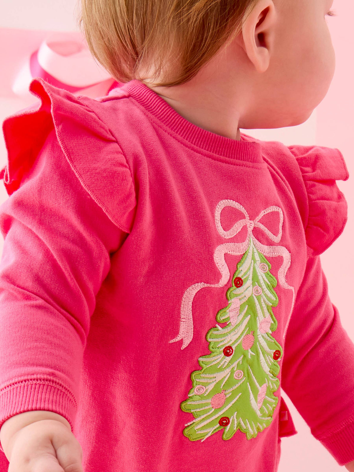 Baby Girls Christmas Tree Hot Pink Bow Applique Sweatshirt Bubble Romper with Signature Rear Ruffles