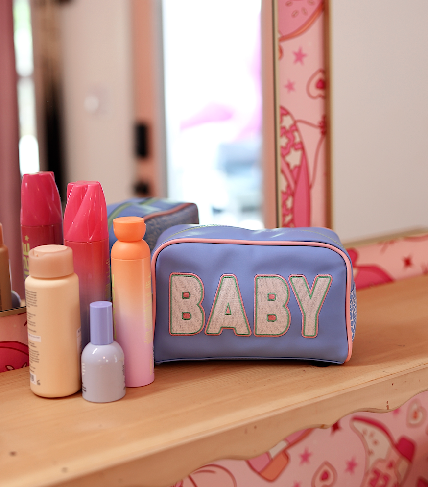 Handle Cosmetic Bag - 'Baby' Embroidered (Periwinkle/Coral)