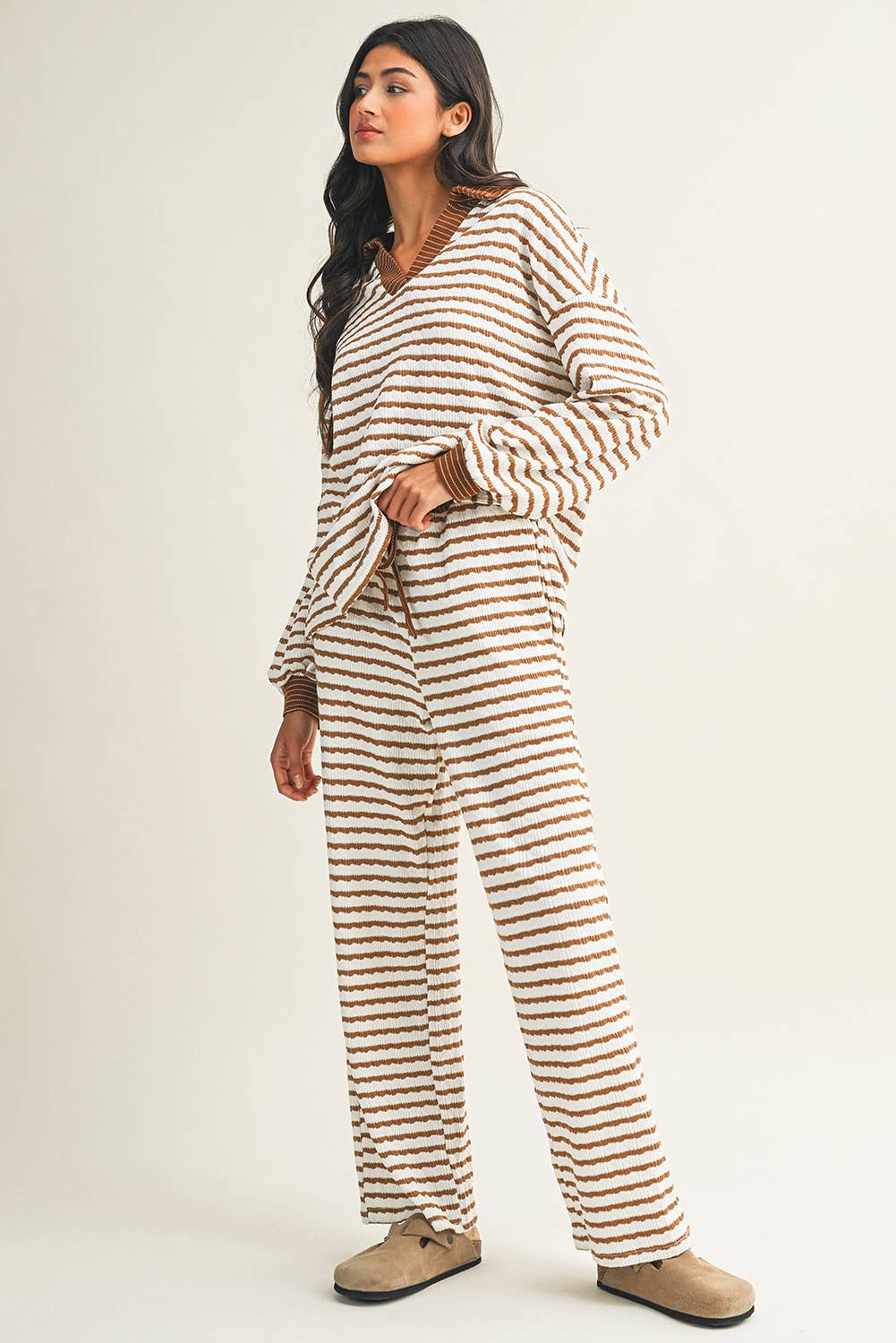 Stripe Collared Pullover Top and Drawstring Pant Set
