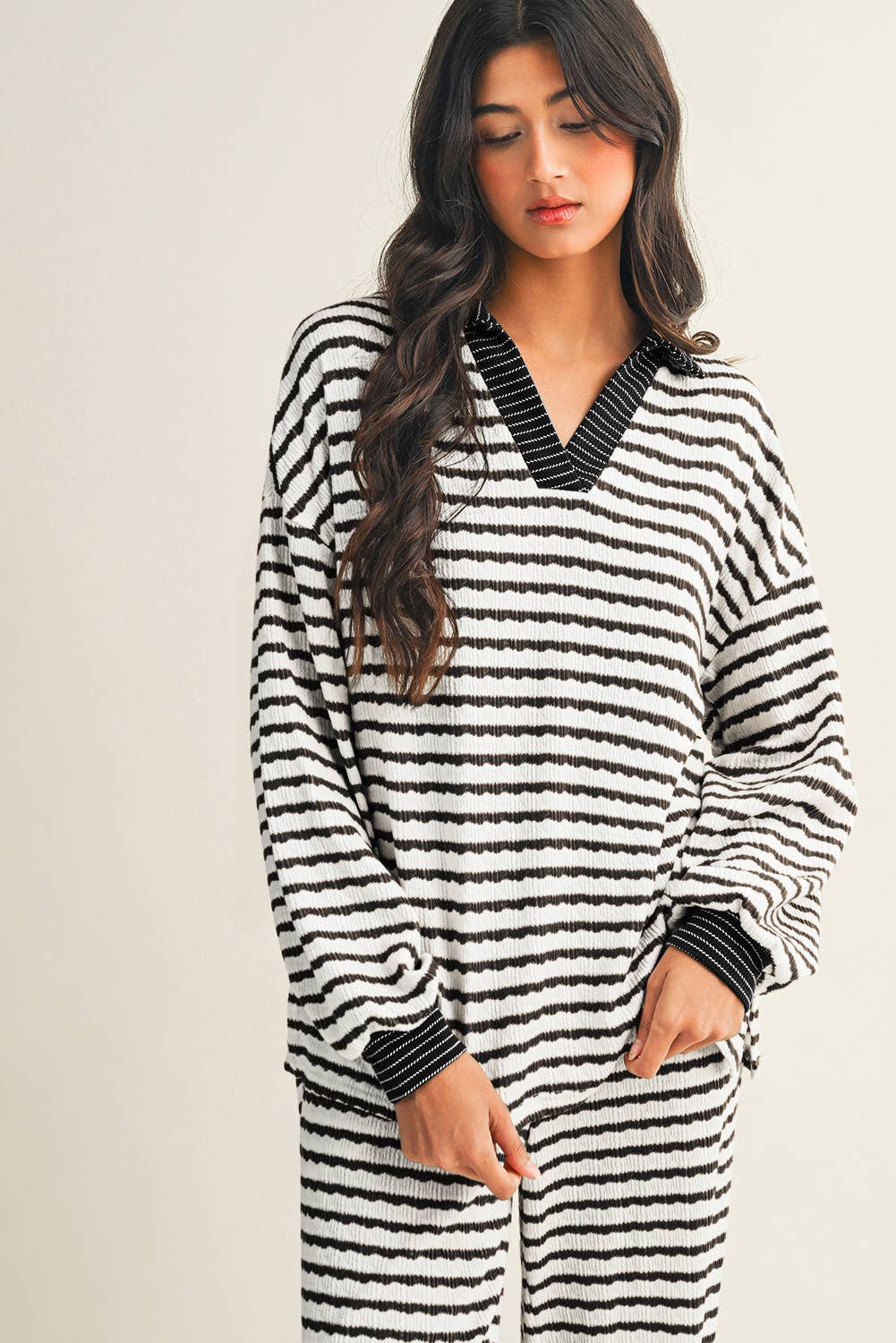 Stripe Collared Pullover Top and Drawstring Pant Set