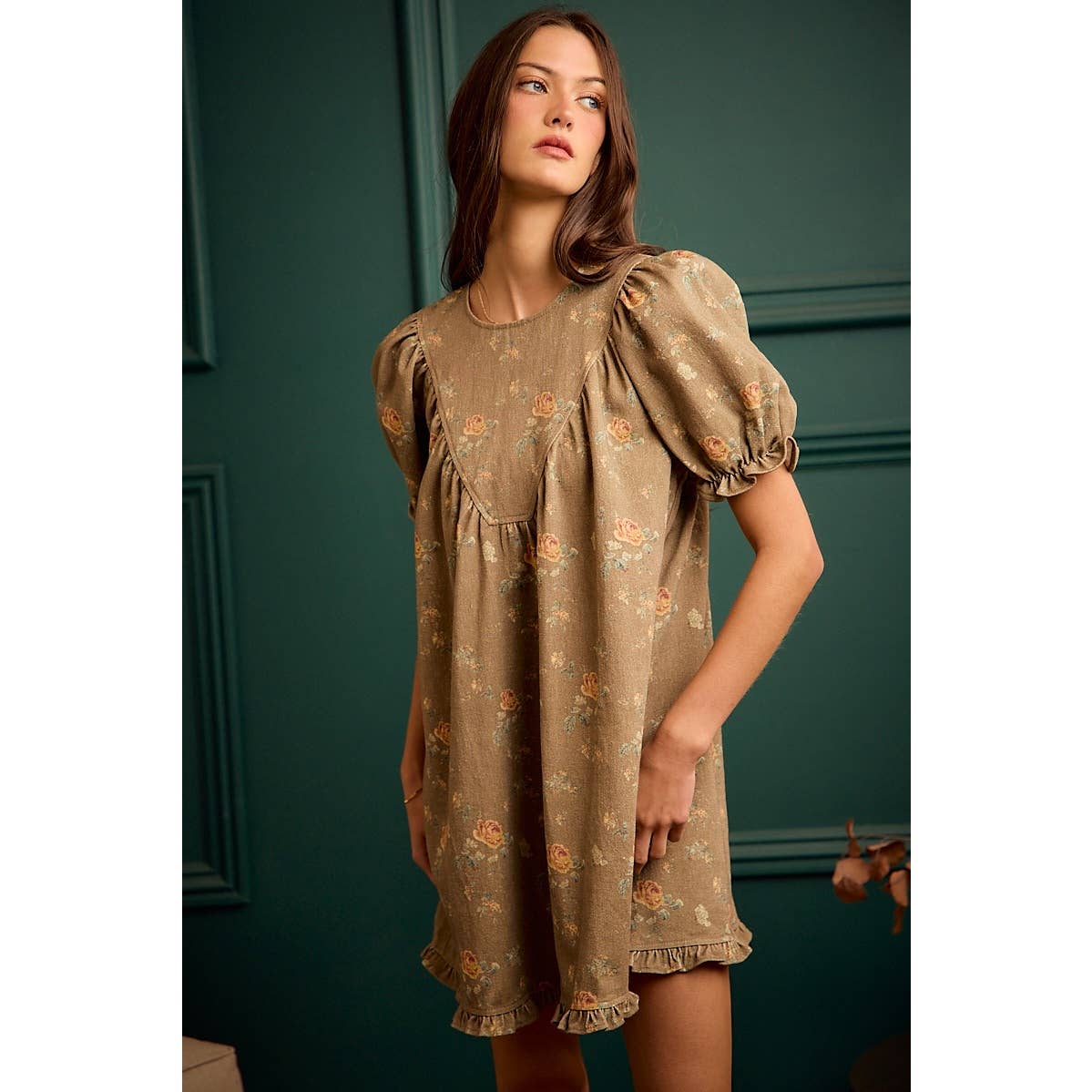 FLORAL RUCHED SHORT PUFF SLEEVE MINI DRESS